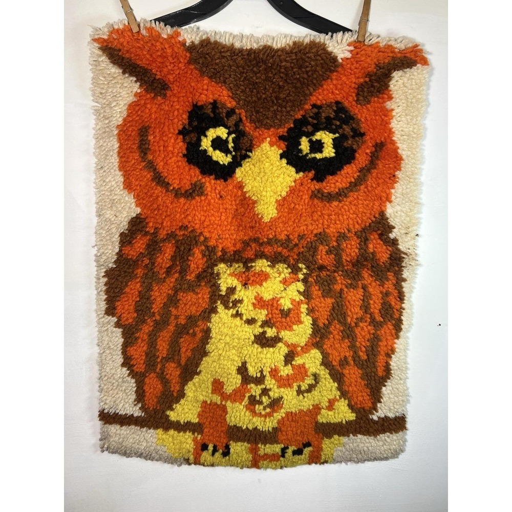 As Is-stains-20"x27" Vtg Embroidered Owl Tapestry Funky Groovy Fuzzy Hippy Farm
